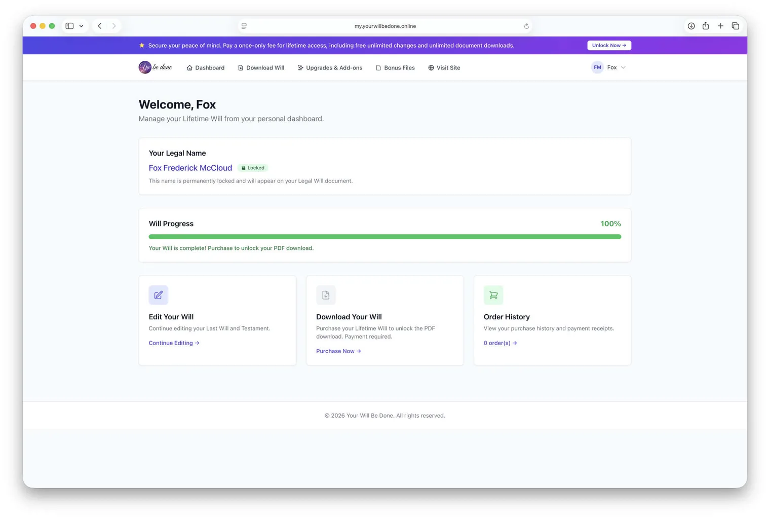 Sample view of the Your Will Be Done customer dashboard