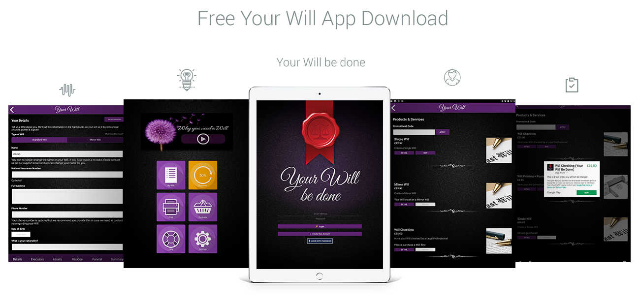 Mock up screens showing legal Will